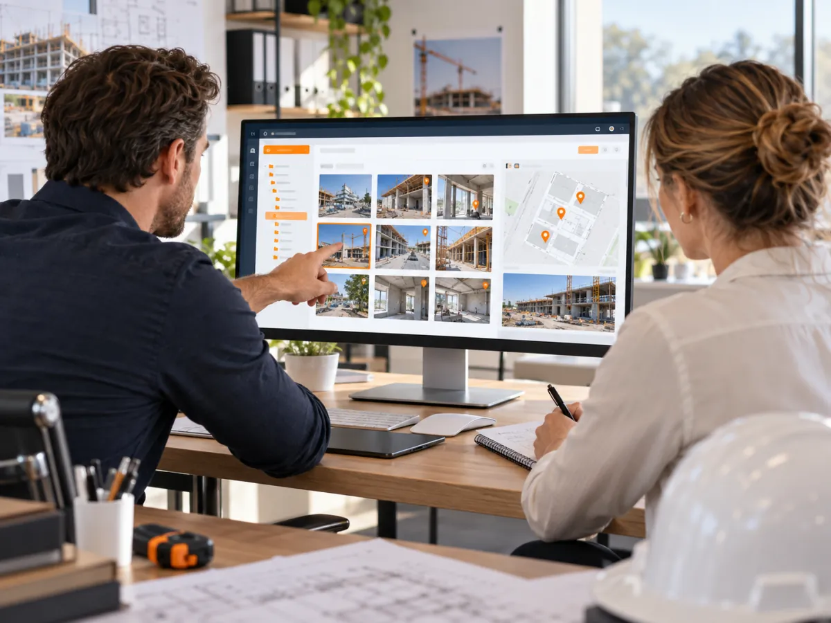 Team tecnico che consulta fotografie e mappa di un cantiere in caDDrag Shared