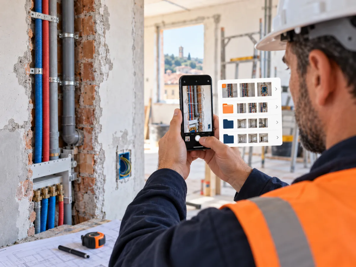 Tecnico che cataloga fotografie di impianti con caDDrag Mobile sullo smartphone