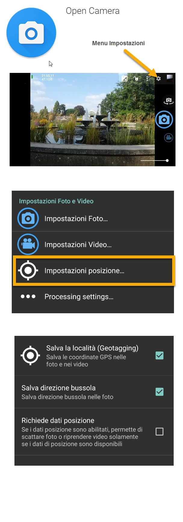 impostazioni open camera